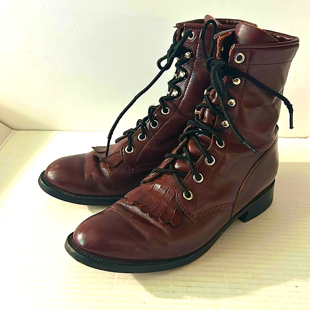 80s 90s Vintage Western Justin Roper lace up kiltie boot burgundy womens
